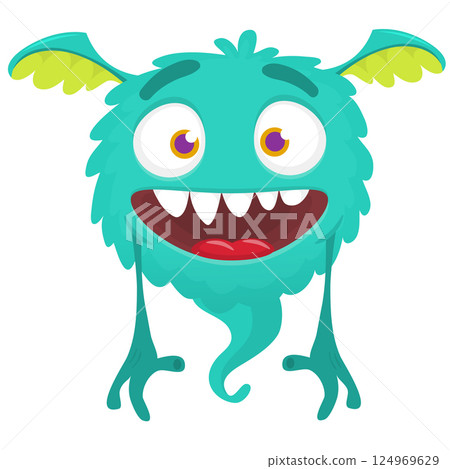 Funny cartoon monster character. Illustration of cute and happy alien creature for Halloween party decoration or package design. Vector isolated 124969629
