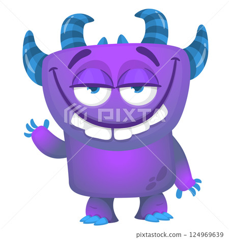 Funny cartoon monster character. Illustration of cute and happy alien creature for Halloween party decoration or package design. Vector isolated 124969639