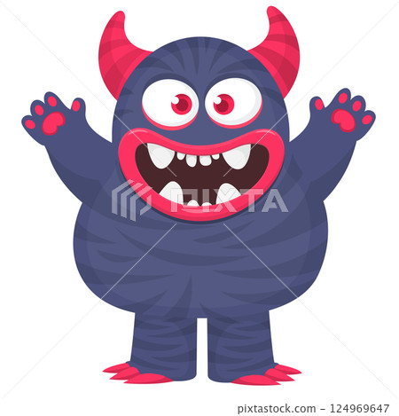 Funny cartoon monster character. Illustration of cute and happy alien creature for Halloween party decoration or package design. Vector isolated Funny cartoon monster character. Illustration of cute and happy alien creature for Halloween party decoration or package design. Vector isolated 124969647