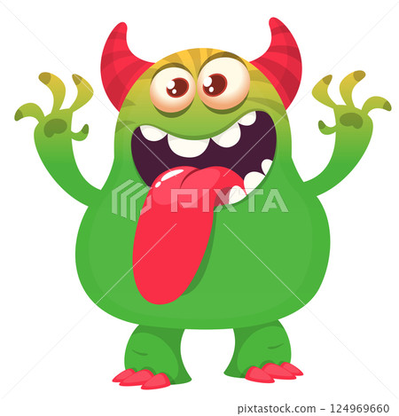 Funny cartoon monster character. Illustration of cute and happy alien creature for Halloween party decoration or package design. Vector isolated Funny cartoon monster character. Illustration of cute and happy alien creature for Halloween party decoration or package design. Vector isolated 124969660