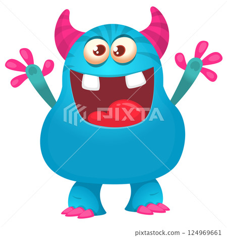 Funny cartoon monster character. Illustration of cute and happy alien creature for Halloween party decoration or package design. Vector isolated Funny cartoon monster character. Illustration of cute and happy alien creature for Halloween party decoration or package design. Vector isolated 124969661