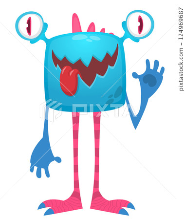 Funny cartoon monster character. Illustration of cute and happy alien creature for Halloween party decoration or package design. Vector isolated 124969687