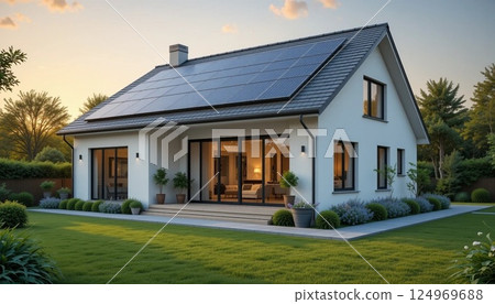 Modern Eco Friendly House with Solar Panels on Roof in Green Suburban Landscape. 124969688