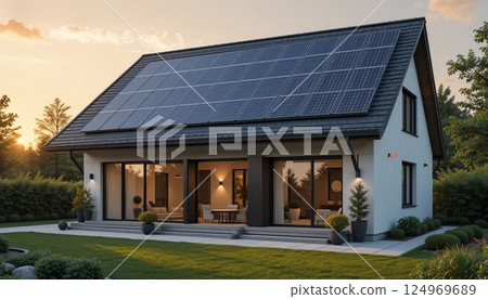 Modern Eco Friendly House with Solar Panels on Roof in Green Suburban Landscape. 124969689