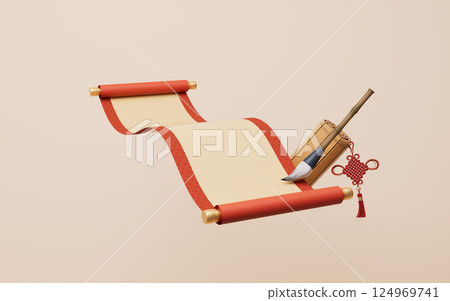 Blank Chinese ancient red reel banner, 3d 124969741