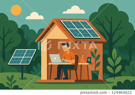 森林中配備太陽能板的環保工作空間 124969822