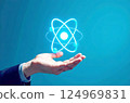 Bussinessman hand holding an atom icon on a blue background, concept of future technology, infinite energy 124969831