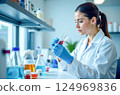 Close-up of a young female scientist conducting research in a state-of-the-art bio-lab. The laboratory assistant works with test tubes 124969836
