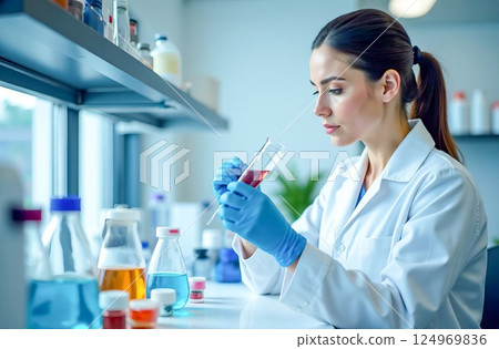 Close-up of a young female scientist conducting research in a state-of-the-art bio-lab. The laboratory assistant works with test tubes 124969836