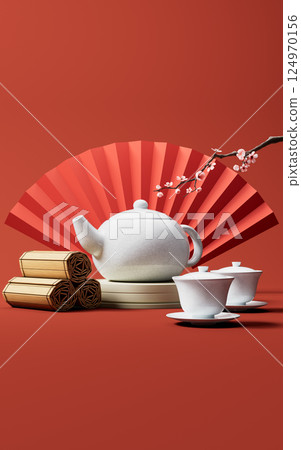 Chinese style teapot and teacup, 3d rendering. Chinese style teapot and teacup, 3d rendering. 124970156