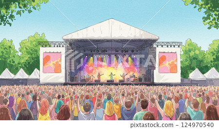 Scenery of an outdoor stage and excited audience at a summer music festival, hand-drawn illustration Scenery of an outdoor stage and excited audience at a summer music festival, hand-drawn illustration 124970540