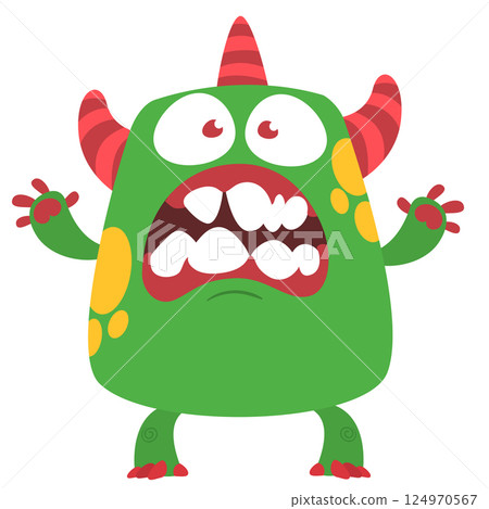 Funny cartoon monster character. Illustration of cute and happy alien creature for Halloween party decoration or package design. Vector isolated 124970567
