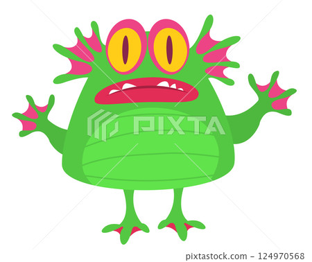 Funny cartoon monster character. Illustration of cute and happy alien creature for Halloween party decoration or package design. Vector isolated Funny cartoon monster character. Illustration of cute and happy alien creature for Halloween party decoration or package design. Vector isolated 124970568