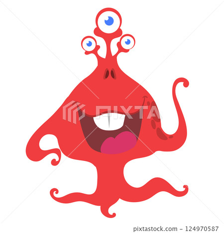Funny cartoon monster character. Illustration of cute and happy alien creature for Halloween party decoration or package design. Vector isolated 124970587