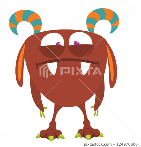 Funny cartoon monster character. Illustration of cute and happy alien creature for Halloween party decoration or package design. Vector isolated 124970600