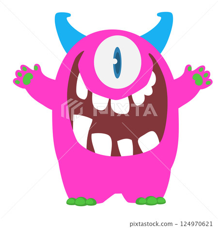 Funny cartoon monster character. Illustration of cute and happy alien creature for Halloween party decoration or package design. Vector isolated 124970621