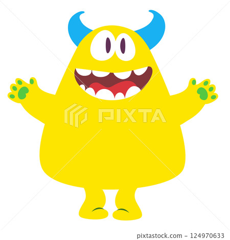 Funny cartoon monster character. Illustration of cute and happy alien creature for Halloween party decoration or package design. Vector isolated Funny cartoon monster character. Illustration of cute and happy alien creature for Halloween party decoration or package design. Vector isolated 124970633