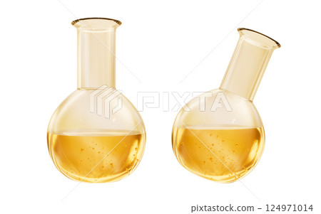 Chemical glassware with golden liquid, 3d 124971014