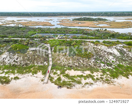 Scenic wooden boardwalk winding through coastal dunes leading to beautiful sandy beach and ocean 124971927