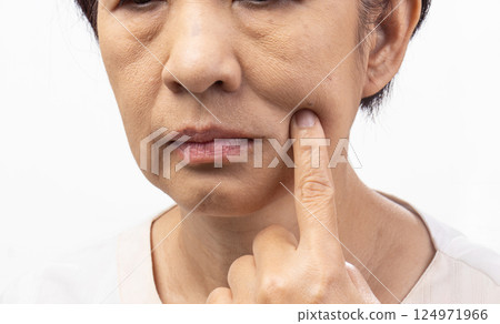 Flabby and wrinkled skin on senior woman face. 124971966