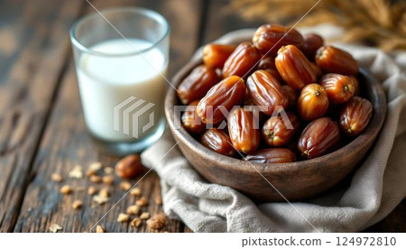 Dates and white milk displayed in a bowl on a wooden table, highlighting the festive spirit of Ramadan Kareem with palm fruit 124972810