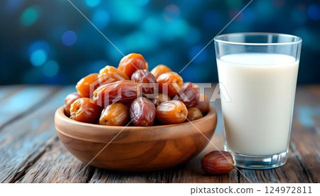 A bowl filled with dates and white milk rests on a wooden table, embodying the spirit of Ramadan Kareem with palm fruit 124972811