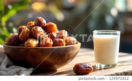 A wooden table features a bowl of dates and white milk, celebrating Ramadan Kareem with traditional palm fruit 124972812