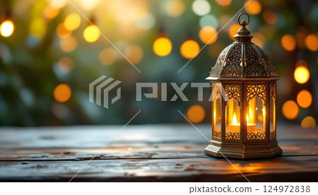 Lantern glowing on a wooden table, capturing the essence of Ramadan, with a beautifully blurred background 124972838
