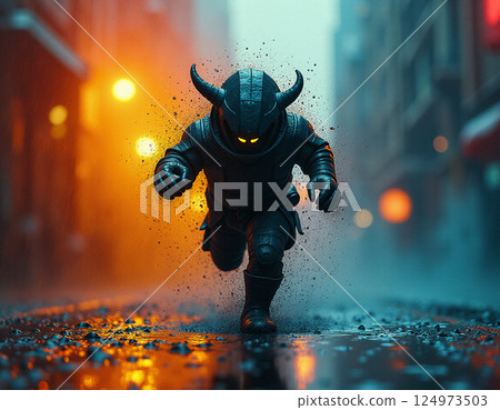 Illustration of a bullfighter walking with an umbrella on a rainy day 124973503