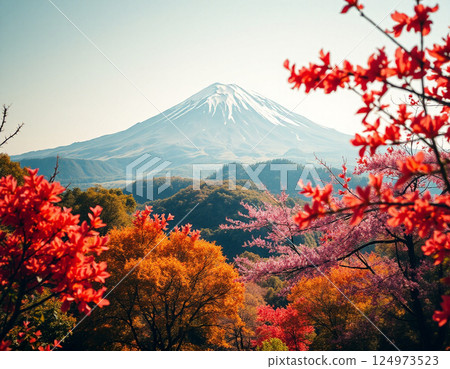 楓樹和富士山的秋葉 124973523