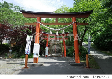 鳥居與參拜道路的風景_北海道虻田町 鳥居與參拜道路的風景_北海道虻田町 124973527