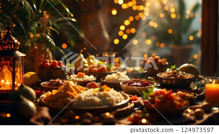 A table filled with delicious Ramadan cuisine and candles, offering a warm and inviting space for gathering and celebration 124973597