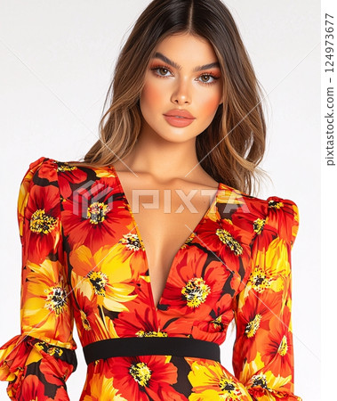 Vibrant Summer Dress with Floral Pattern and Deep V-Neckline on Model Against Plain Background 124973677
