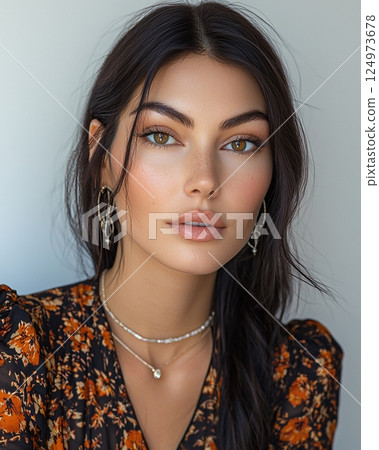Close-up Portrait of a Woman with Long Hair Wearing Floral Dress and Elegant Jewelry 124973678