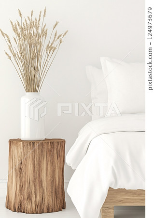 Serene Bedroom Setting with Natural Wood Nightstand and Minimalist Decor Elements  124973679