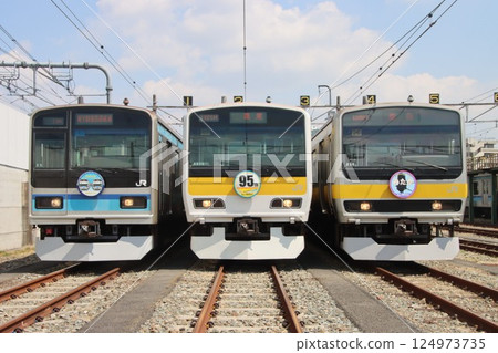 E231 series (0, 500, and 800 series) lined up at Mitaka Rolling Stock Center E231 series (0, 500, and 800 series) lined up at Mitaka Rolling Stock Center 124973735
