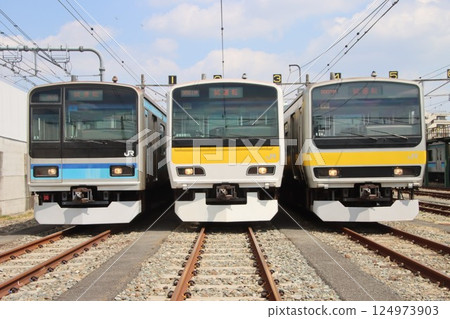 E231 series trains lined up at Mitaka Rolling Stock Center (test run) E231 series trains lined up at Mitaka Rolling Stock Center (test run) 124973903
