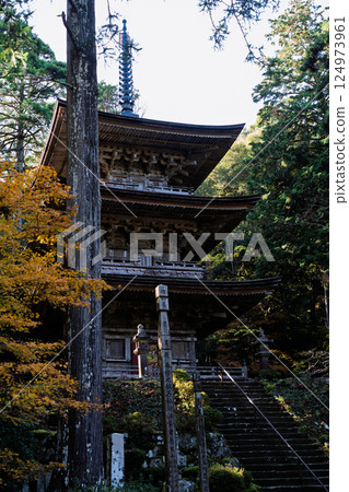 Photographing Myotsu-ji Temple in the height of autumn foliage in Wakasa Obama City, Fukui Prefecture 124973961