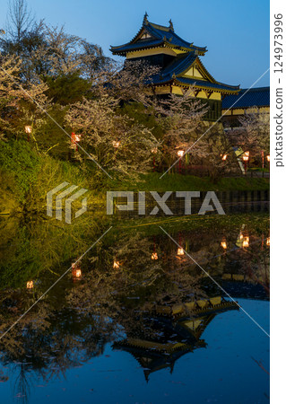 夜晚護城河上的櫻花和郡山城遺址 夜晚護城河上的櫻花和郡山城遺址 124973996