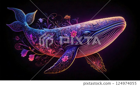 一條帶有鮮豔花卉圖案的奇幻鯨魚——一幅霓虹色的藝術品 一條帶有鮮豔花卉圖案的奇幻鯨魚——一幅霓虹色的藝術品 124974055