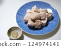 Boiled chicken breast cut into chunks 124974141