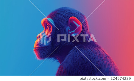 close-up of a baby chimpanzee with neon lighting. futuristic and vibrant digital art. 124974229