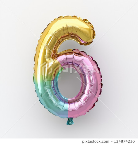 A multicolored balloon shaped like the number six. It is isolated on a white background. 124974230