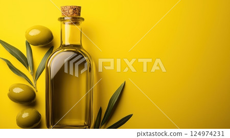 bottle of olive oil with leaves on green background 124974231