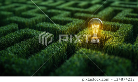 A glowing light bulb placed in the center of a lush green grass maze. 124974232