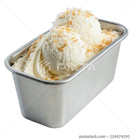 A metal tub of creamy coconut ice cream 124974291