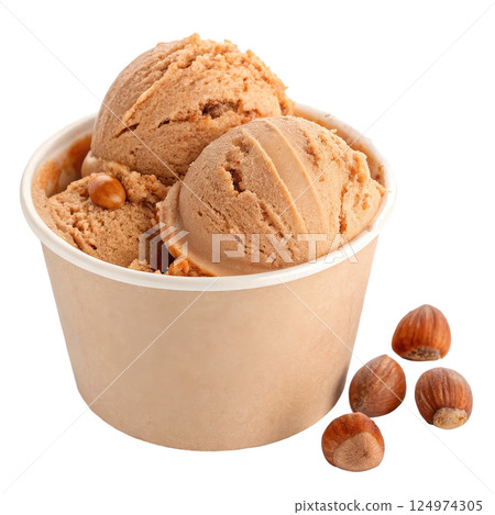 A tub of hazelnut ice cream long title A rich and creamy tub of delectable hazelnut flavored ice 124974305