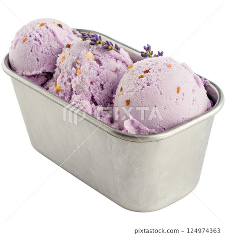 Lavender ice cream in a metal tub 124974363