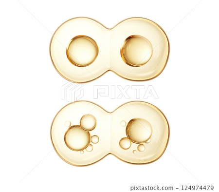 Dividing golden transparent cells, 3d rendering. Dividing golden transparent cells, 3d rendering. 124974479