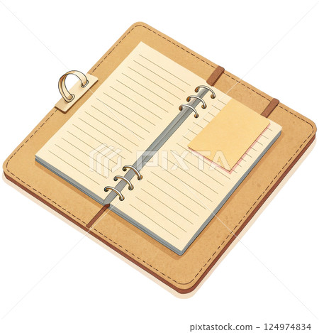 Leather bound memo pad with attached sticky note 124974834